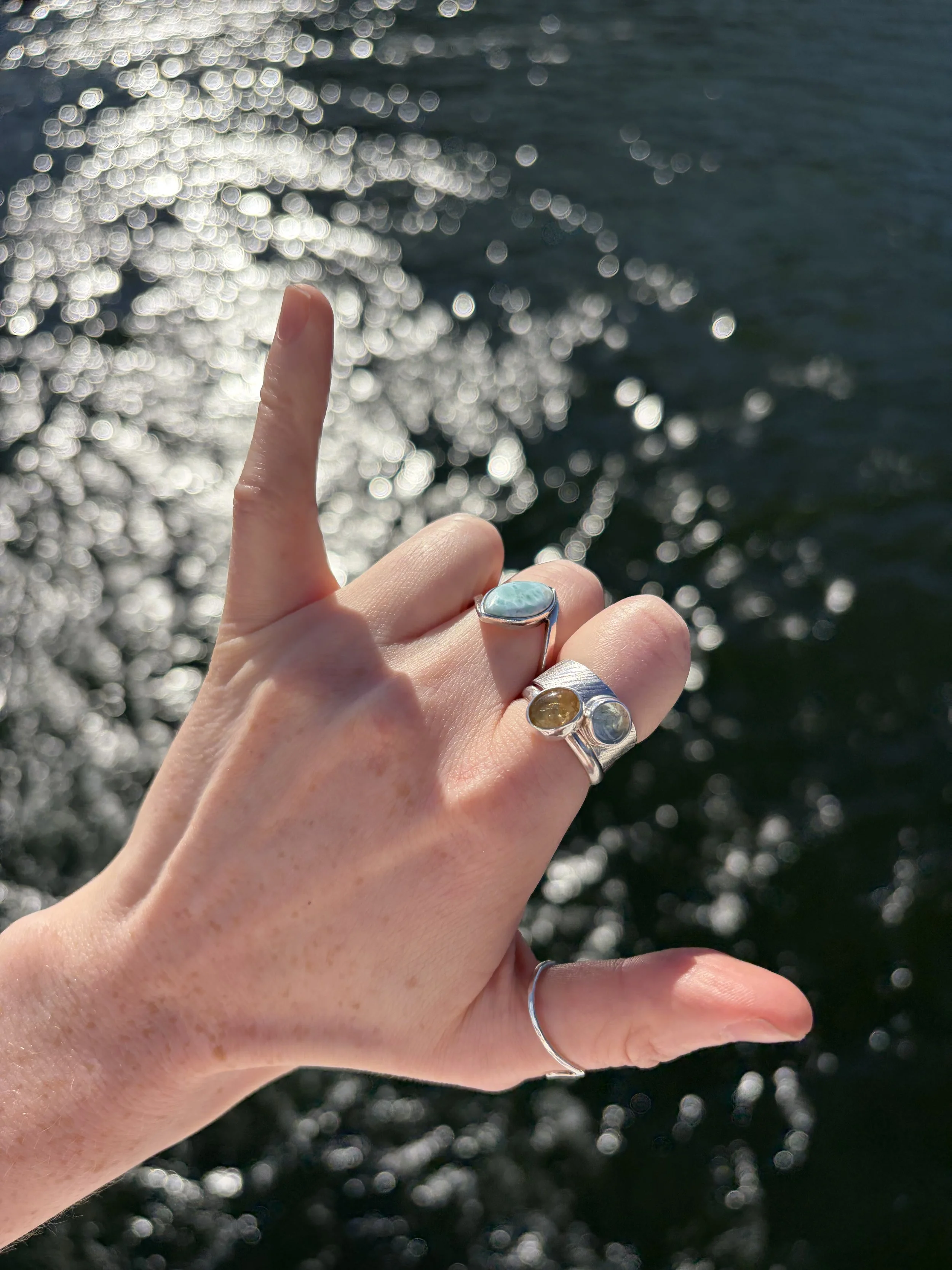 Silver rings. Larimar ring.  Aquamarine ring. Citrine ring. Wave ring.  Ocean. British Columbia. Canada.  BC ferries.