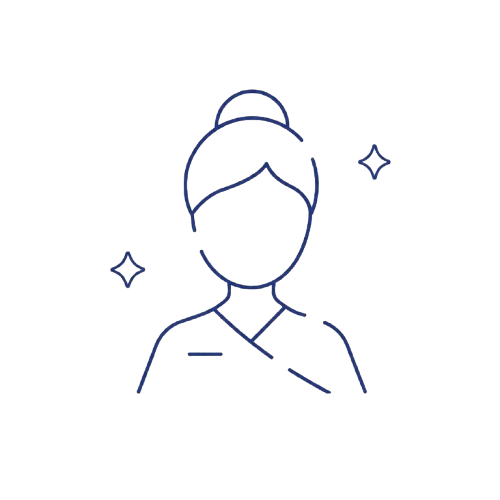 Minimalist line drawing of a woman with her hair in a bun, surrounded by sparkling stars.