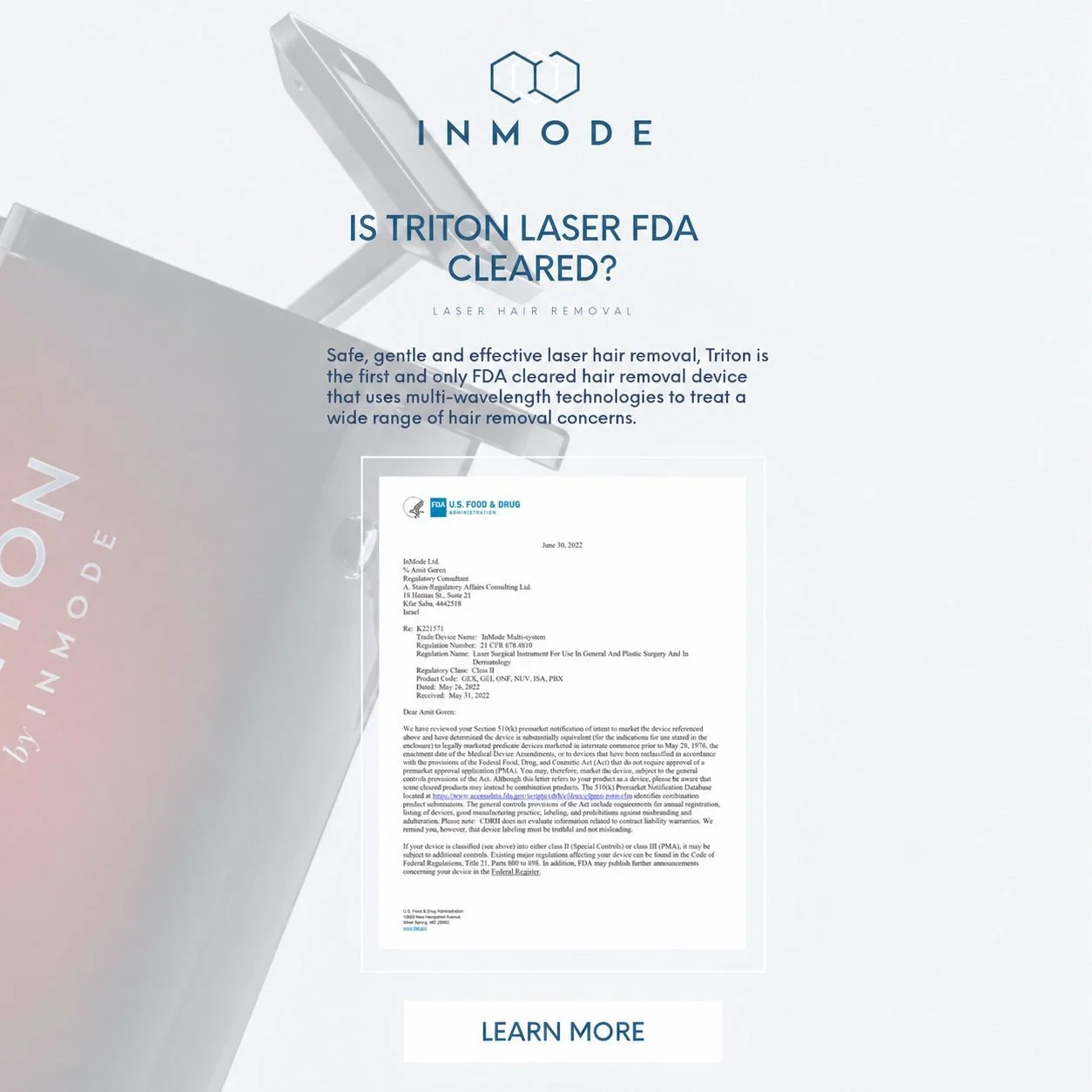 FDA 510(k) clearance documentation for InMode laser technology used in TRITON hair removal treatments at Zvir Esthetics in Sheepshead Bay, Brooklyn, NY.