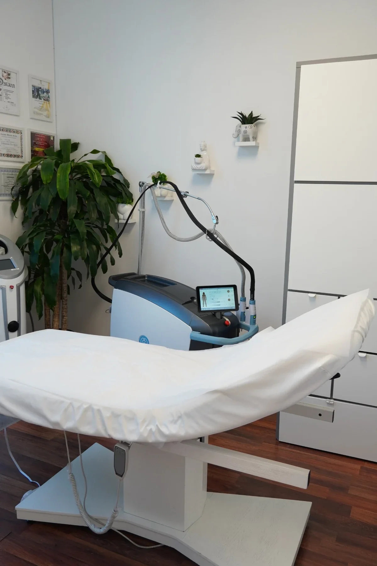 Medical room with a massage or therapy machine, a treatment bed with white sheets, a large green plant, wall-mounted decorations, and a white cabinet.