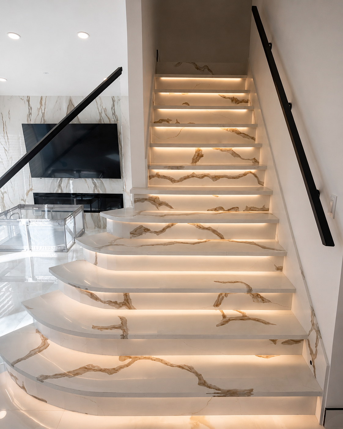 Marble staircase with integrated LED lighting and black handrails in a modern home interior.