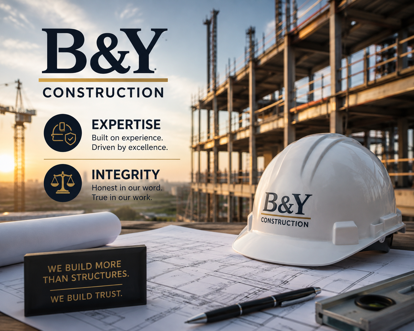 A construction site with an under-construction building, a crane, and a sunset sky. In the foreground, a white hard hat with B&Y Construction logo, blueprints, a pen, and a sign with the message 'We build more than structures. We build trust.' Next to the helmet is a list highlighting the company's values of expertise and integrity.