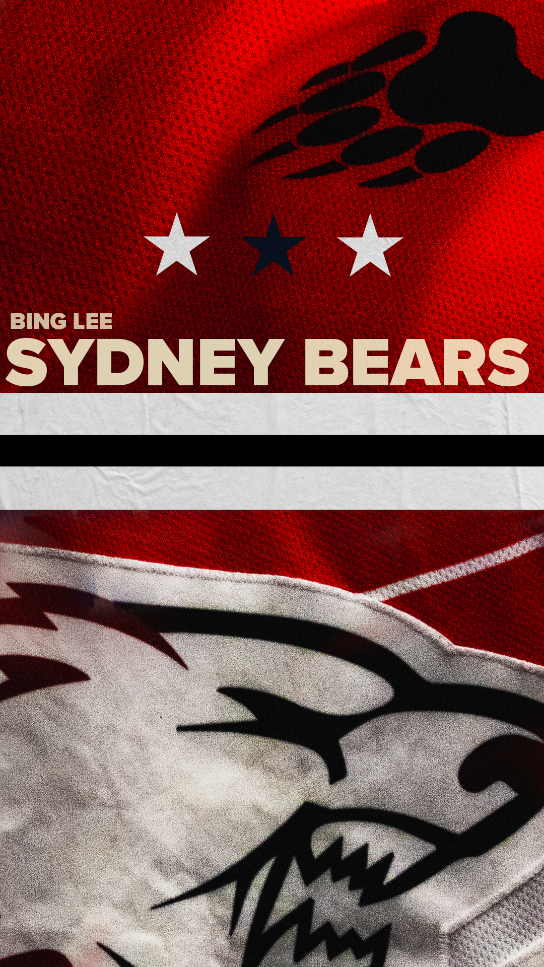 Close-up of a sports jersey with a shark design, red background, and the text 'Bing Lee Sydney Bears' with a pattern of stars above.