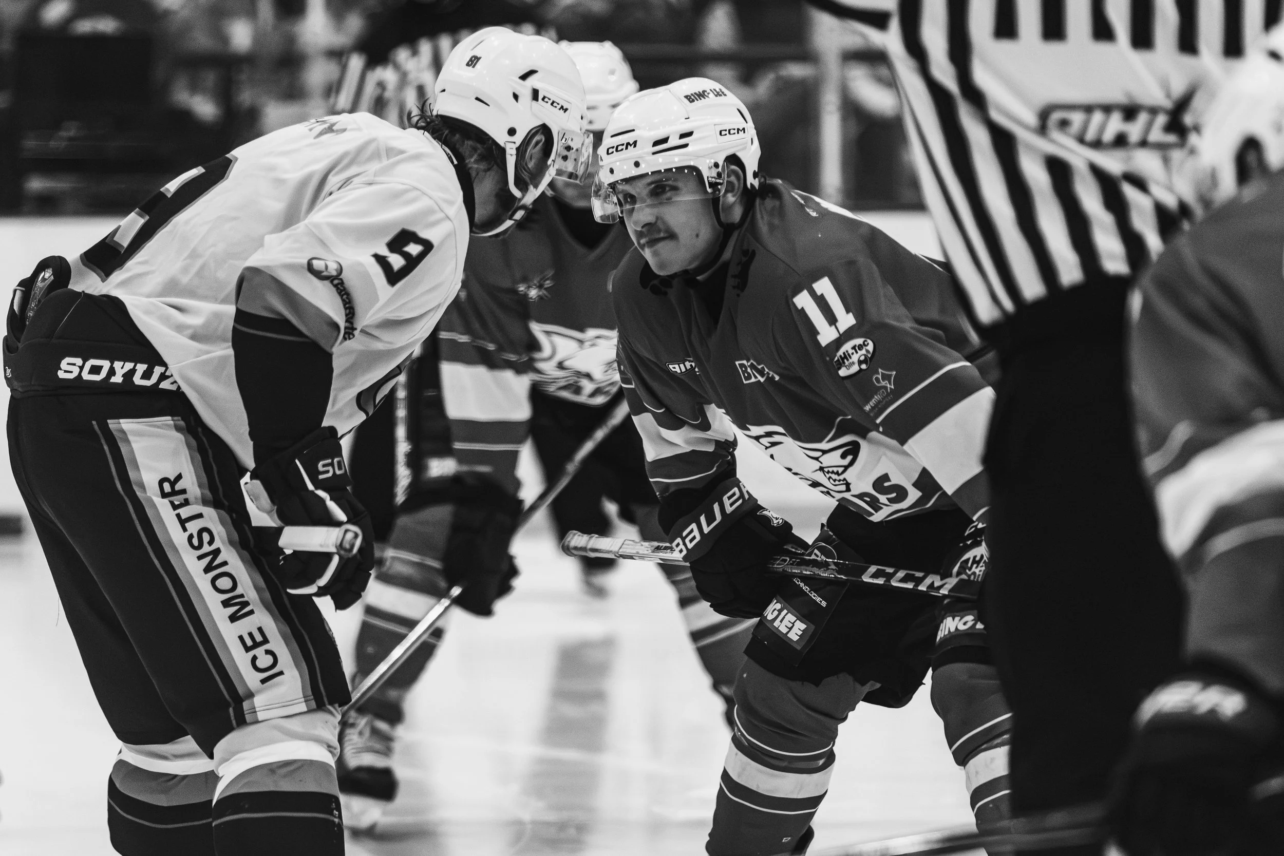 Ice hockey players faceoff on the ice during a game, with players in uniform and helmets ready for the puck.