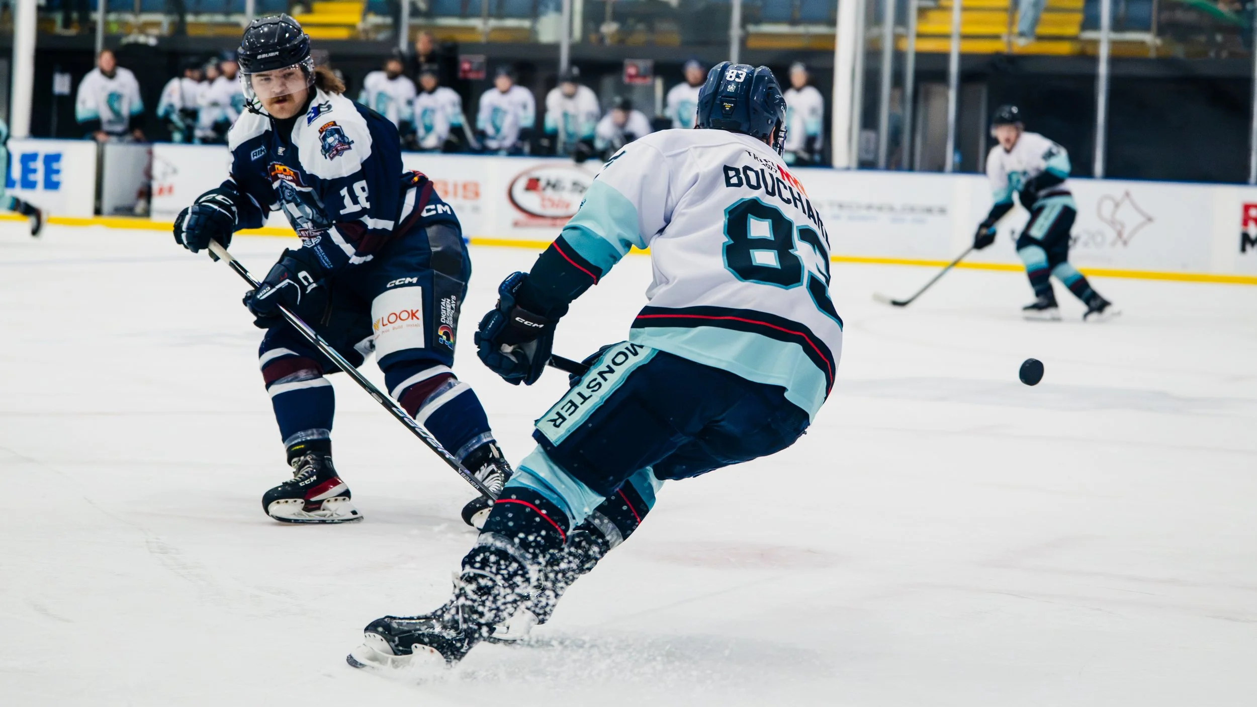 Hockey players on ice rink during a game, with one player skating and another attempting to control the puck.