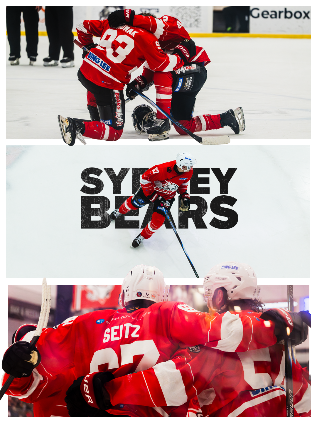 Three scenes of ice hockey players in red jerseys celebrating on the ice rink, with the middle scene featuring the text 'SYDNEY BEARS' in the background.