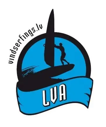 A logo featuring a black clock hand with a surfing figure silhouetted inside the blue clock face, a black hand pointing upward, and a blue banner with the text "LUA". The website "windsurfing.lv" is written along the edge of the clock.