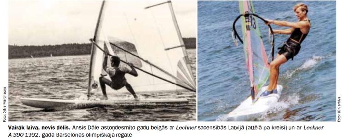 Black and white photo of a man windsurfing, and a color photo of a woman windsurfing on water.