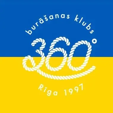 Logo of Burāšanas Klubs 360, with blue and yellow background, featuring a white rope forming the number 360, and text indicating Riga 1997.