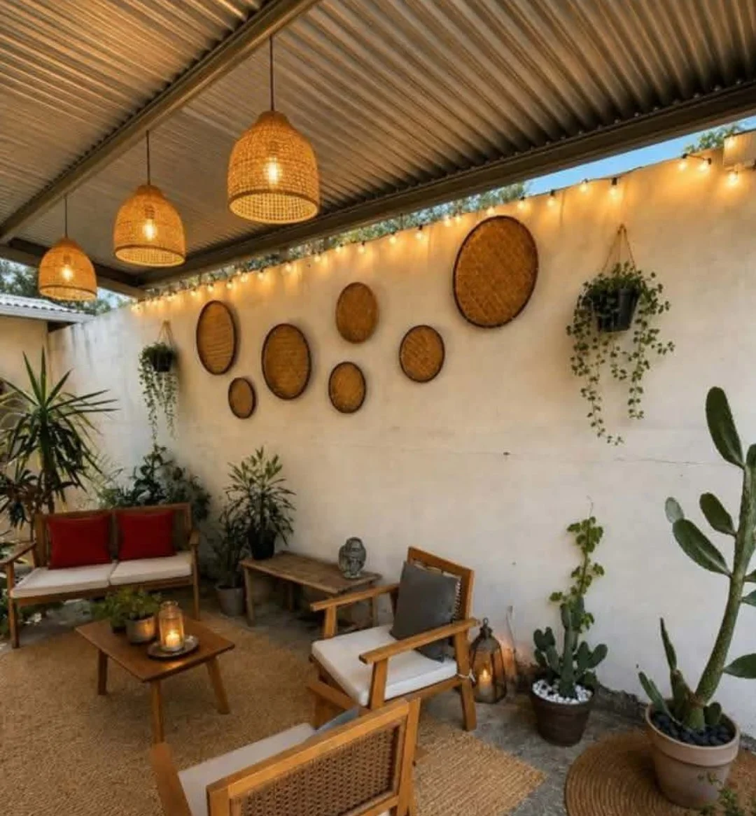 Coin salon extérieur avec mobilier en bois, plantes et guirlandes. Salle d'attente de mon cabinet, là où vous pourrez déguster une tisane après votre massage sur mesure ou votre accompagnement de naturopathie.