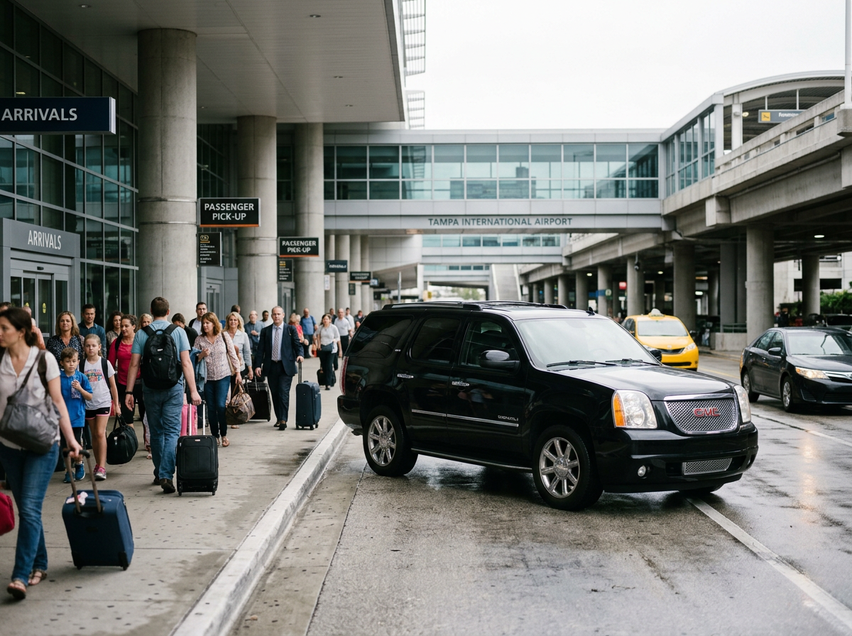 Passengers walking on sidewalk at Tampa International Airport near vehicle drop-off area, with signs overhead indicating arrivals and passenger pick-up, and airport terminal buildings in the background.