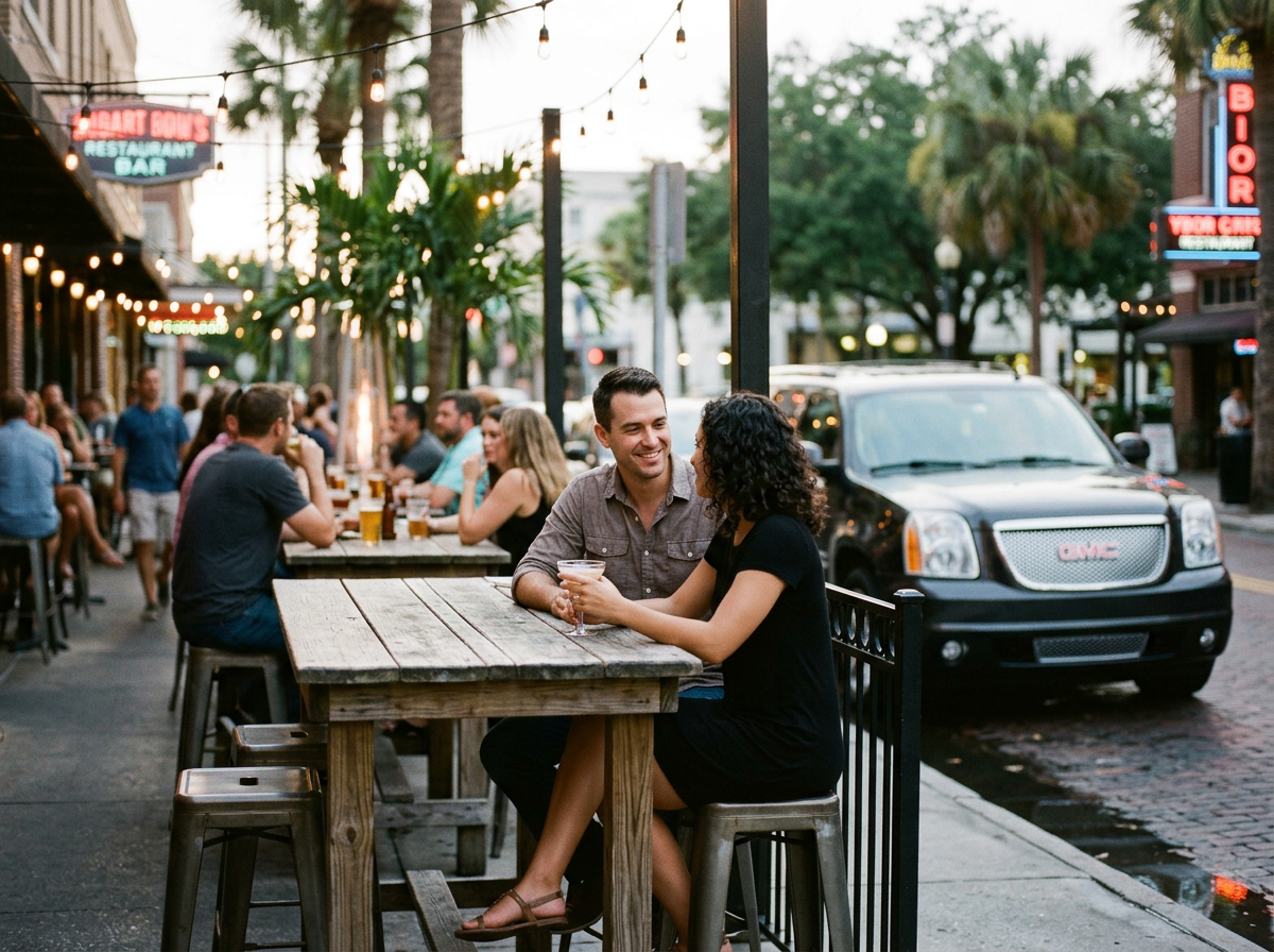 A street scene at a lively outdoor bar or restaurant during evening, with people sitting at tables, chatting, and drinking. Two people are prominently seated at a wooden table in the foreground, smiling and engaging in conversation. The background shows more patrons, string lights, palm trees, and storefront signs.