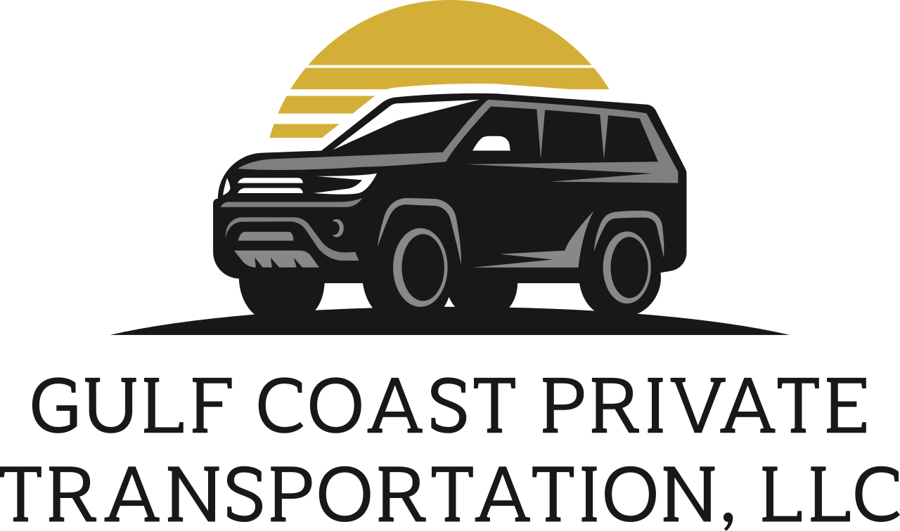 Logo of Gulf Coast Private Transportation LLC featuring a black SUV with a sunset in the background.