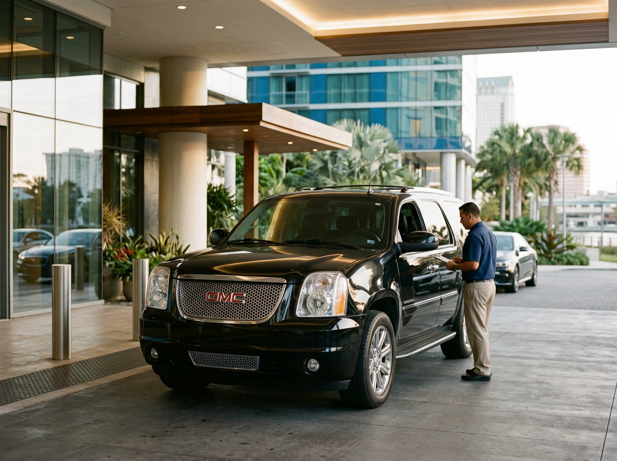 A man in a blue shirt and khaki pants standing outside a hotel or office building, checking his phone while a black GMC SUV is parked nearby.