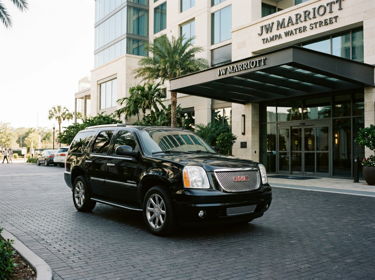 Black GMC Yukon SUV parked in front of JW Marriott Tampa Water Street hotel entrance, with palm trees and other cars in the background.