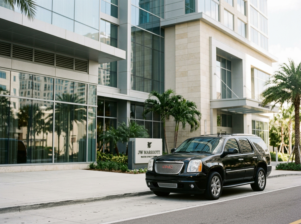 A black SUV parked outside the JW Marriott hotel, which has a modern glass and stone exterior, surrounded by palm trees and landscaping.