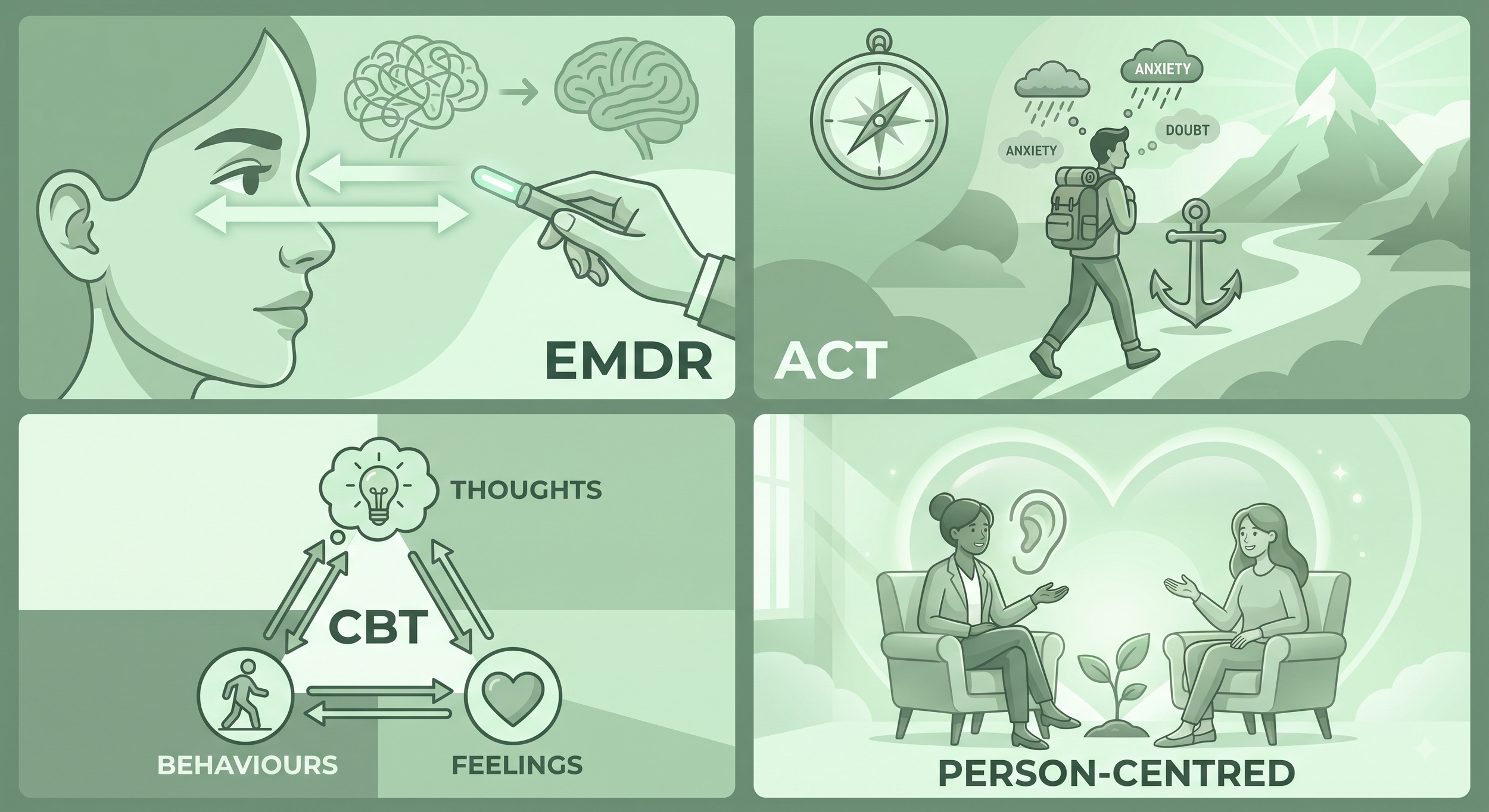 Infographic illustrating mental health concepts with sections on EMDR therapy, ACT therapy with a hiker in mountains, CBT therapy linking thoughts, behaviors, and feelings, and a person-centered therapy session with two women talking
