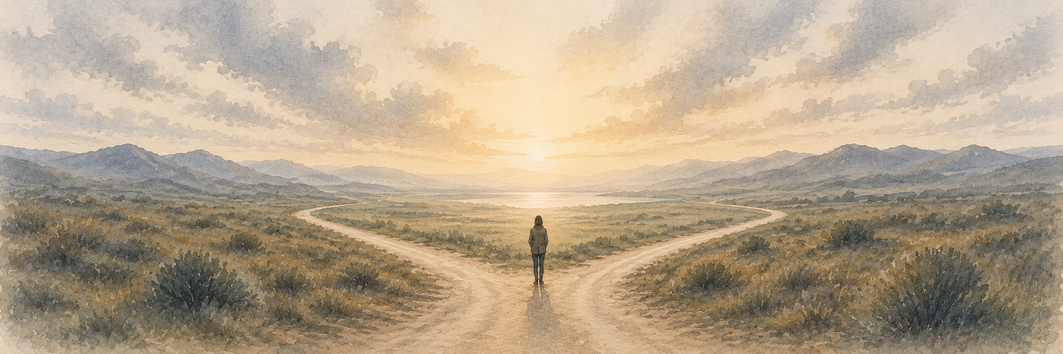 Pintura digital de uma mulher observando uma bifurcação de caminhos na natureza durante o pôr do sol. Ao fundo, montanhas e um rio sob um céu parcialmente nublado.