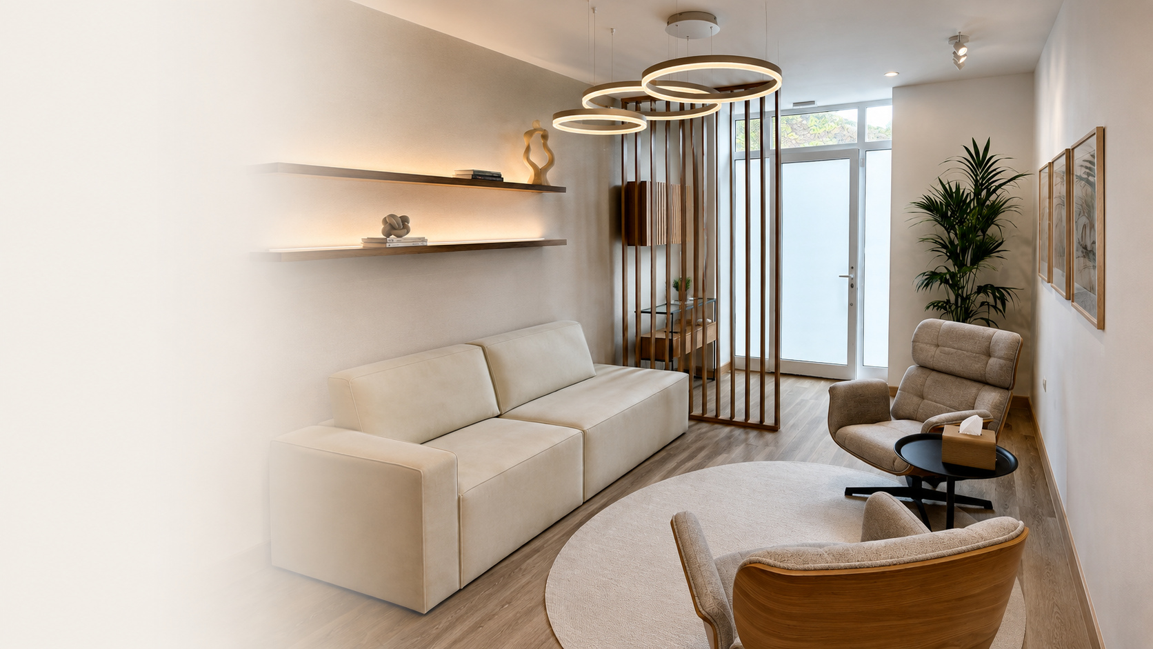 Sala de estar moderna com sofá bege, duas poltronas confortáveis, uma mesa de centro com caixa de lenços, parede branca com prateleiras decorativas, iluminação pendente circular, plantas e quadros decorativos, porta de vidro ao fundo.