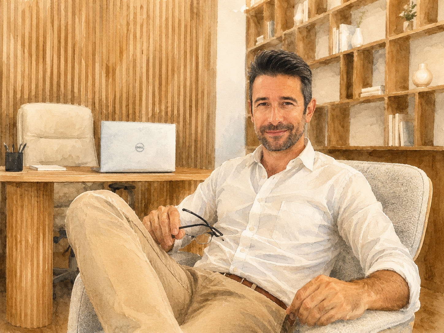 Homem sentado em uma cadeira de escritório, segurando óculos, em um ambiente de trabalho com móveis de madeira e prateleiras com livros e vasos decorativos ao fundo.