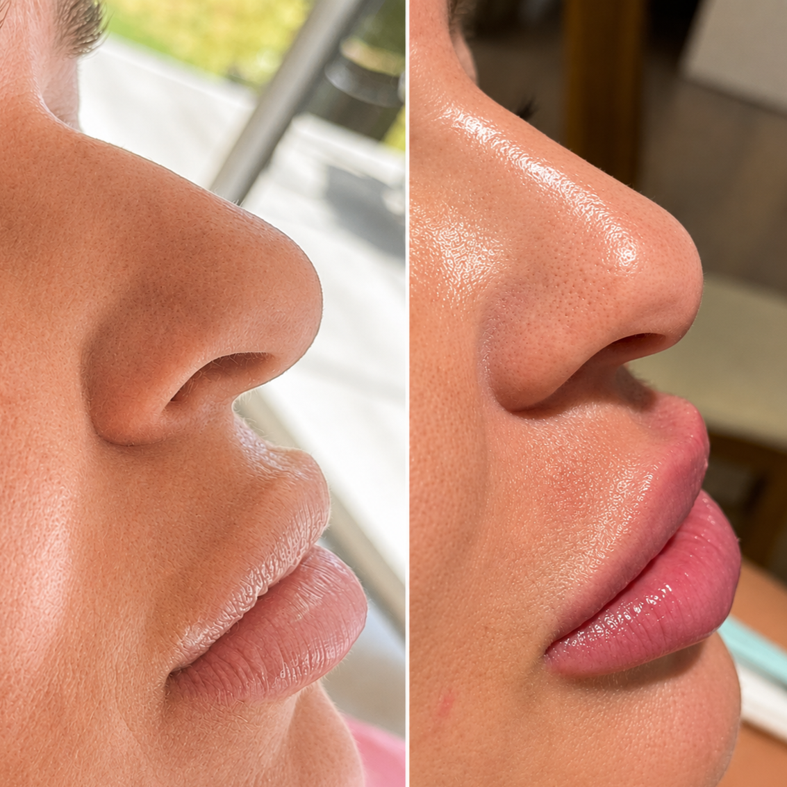 Before and after side profile of a woman following dermal filler to straighten a nose bump