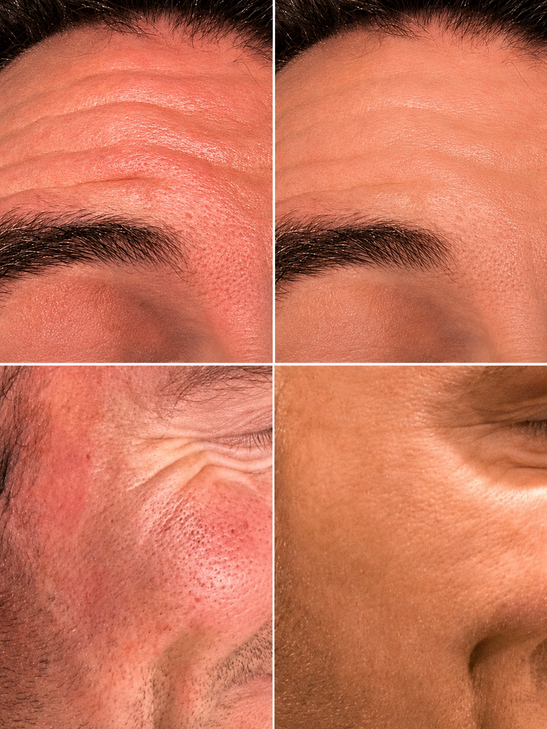 A photo of before and after results of a man's skin rejuvenation including minimising forehead lines and crow's feet at a botox clinic in bournemouth