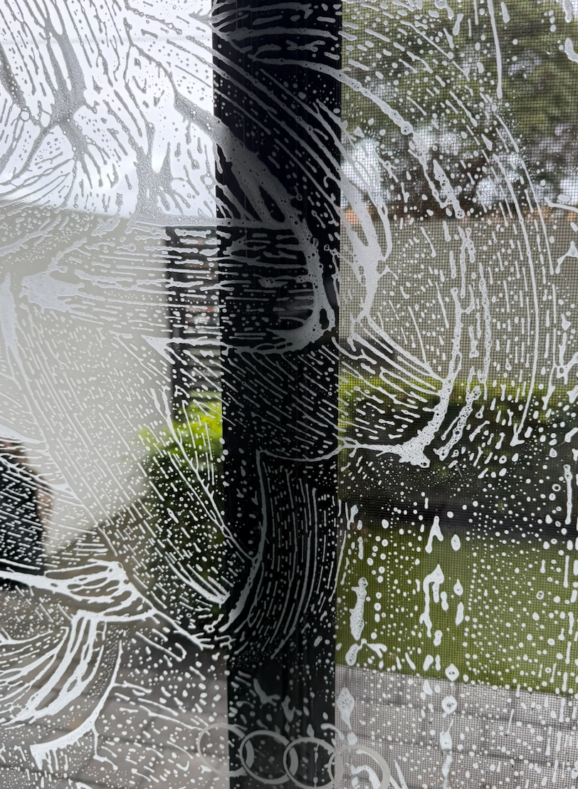 Close-up of a window screen with soap or water streaks creating abstract patterns, with a blurred outdoor background of trees and grass.