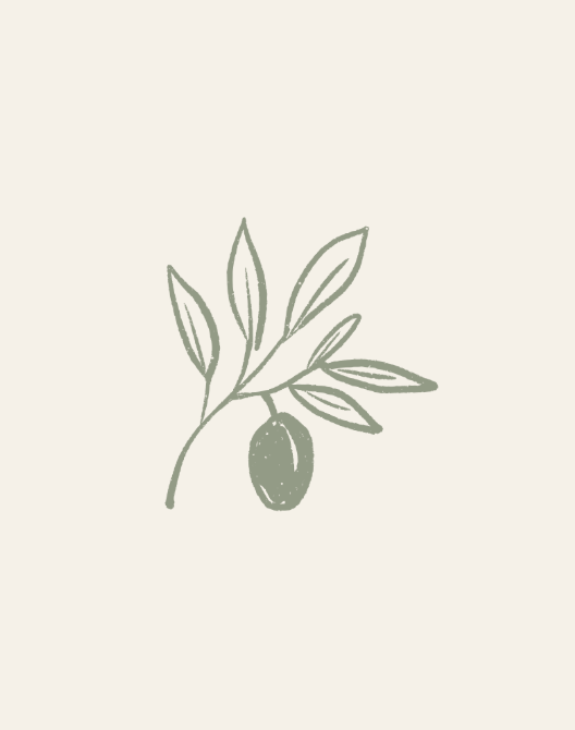 Simple illustration of an olive branch with leaves and a single olive fruit.