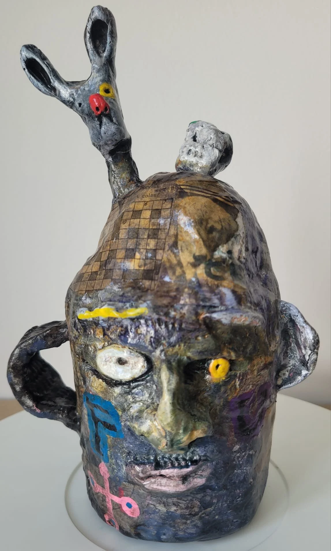 Hector (two sides) 2026 clay and mixed media 8"x10" (20x26cm)