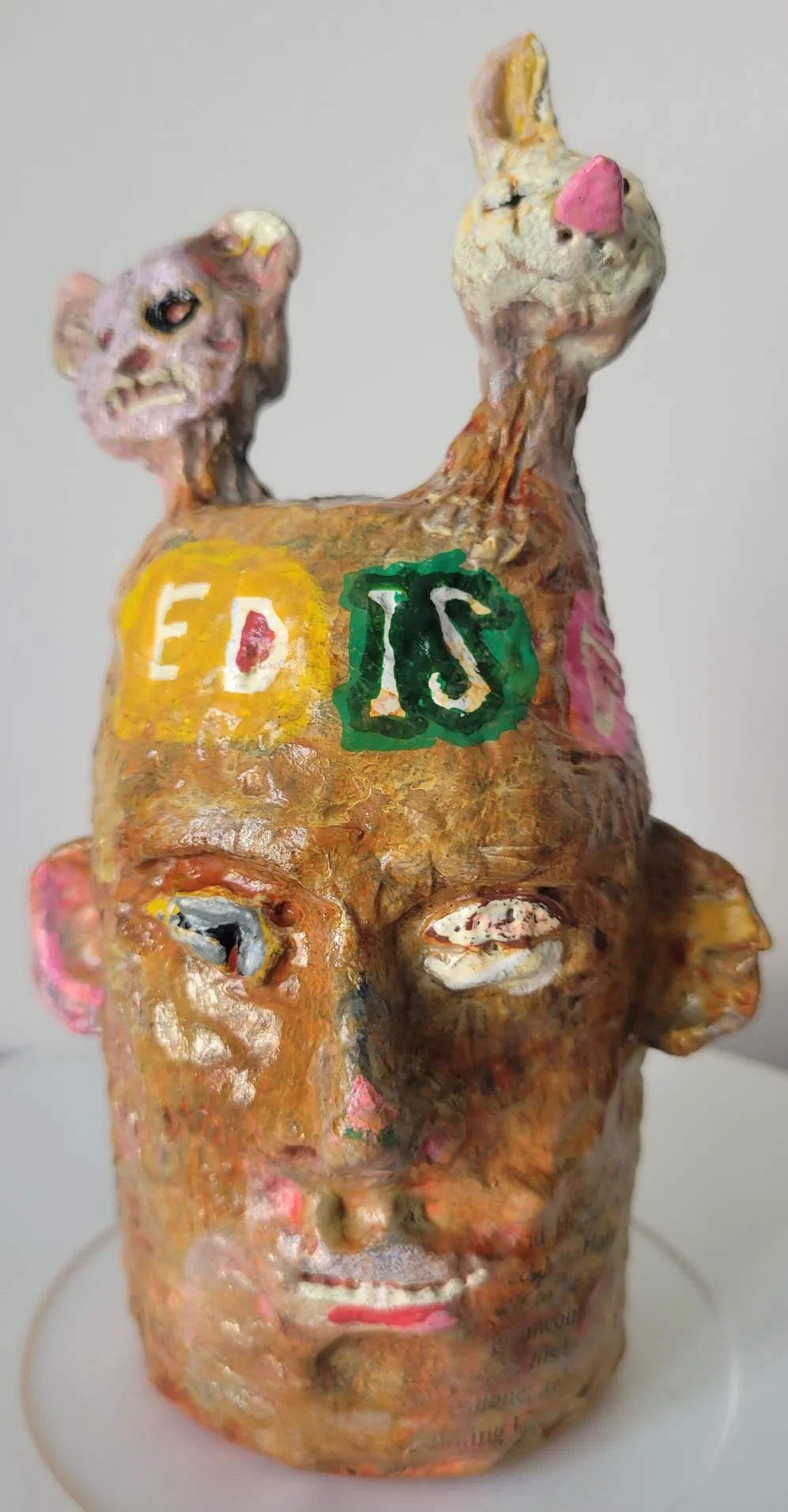Ed (two sides) 2026 clay and mixed media 6"x9" (15x23cm)