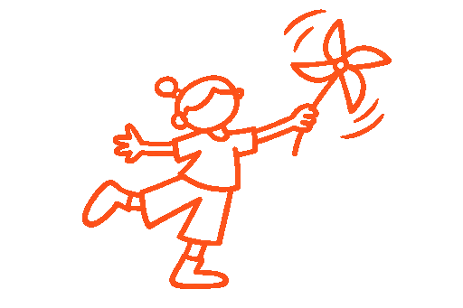 A simple line drawing of a child playing with a pinwheel.