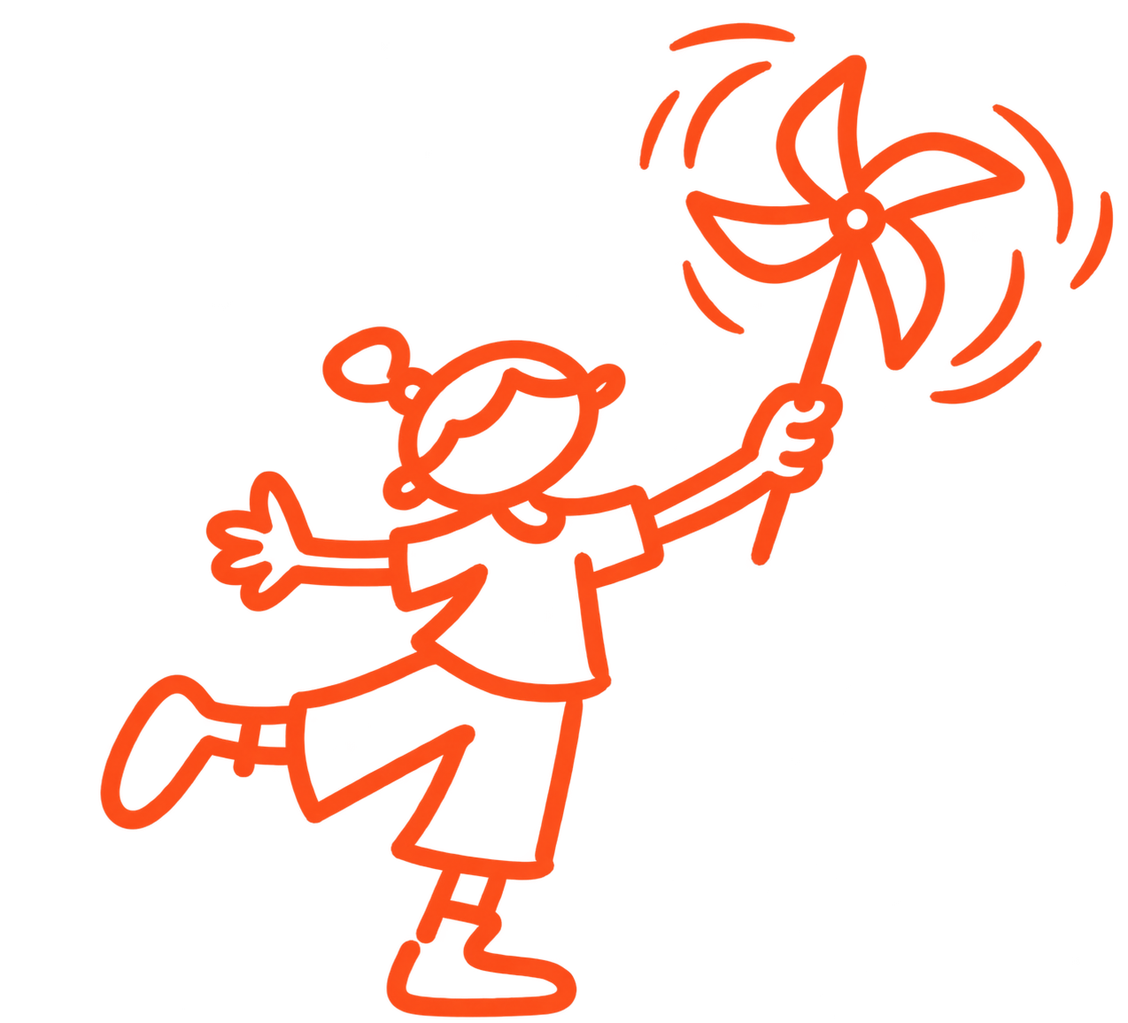 Neon outline drawing of a child joyfully holding a pinwheel - depicting whirr's goal to make business thinking more fun