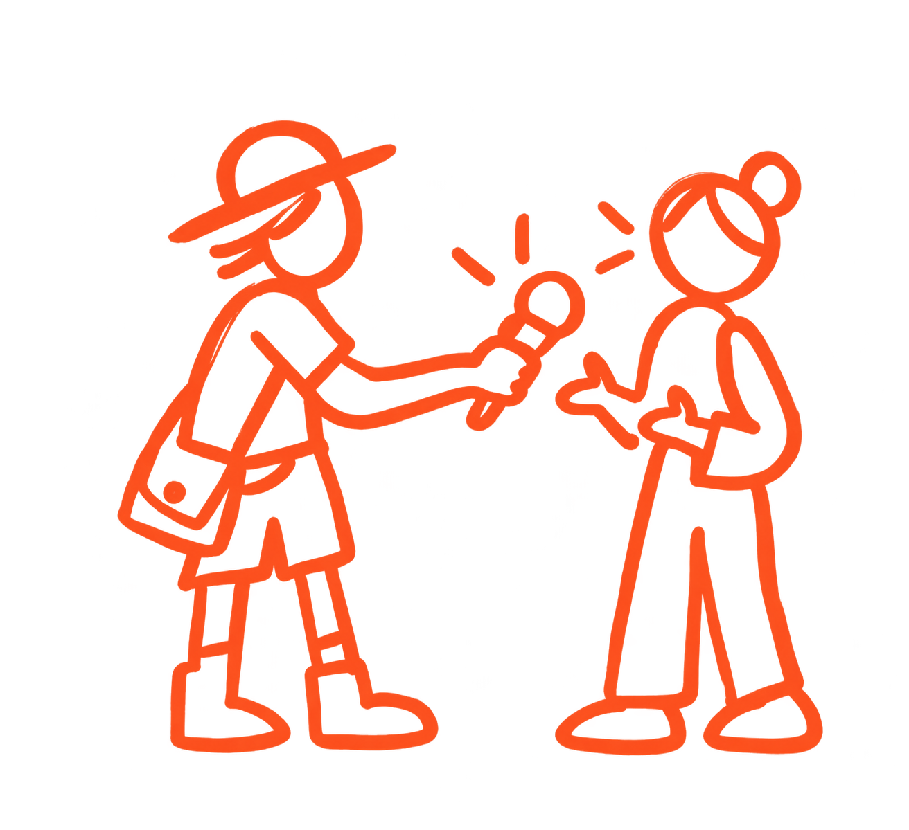 Neon outline drawing of two children exchanging a gift, one girl with a hat and backpack, the other girl with a bun.