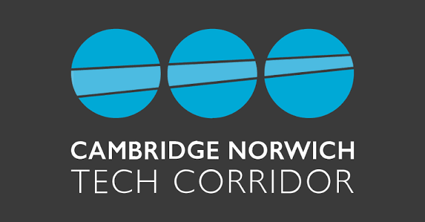 Logo of Cambridge Norwich Tech Corridor with three blue circles and black lines, and text below reading 'Cambridge Norwich Tech Corridor'.