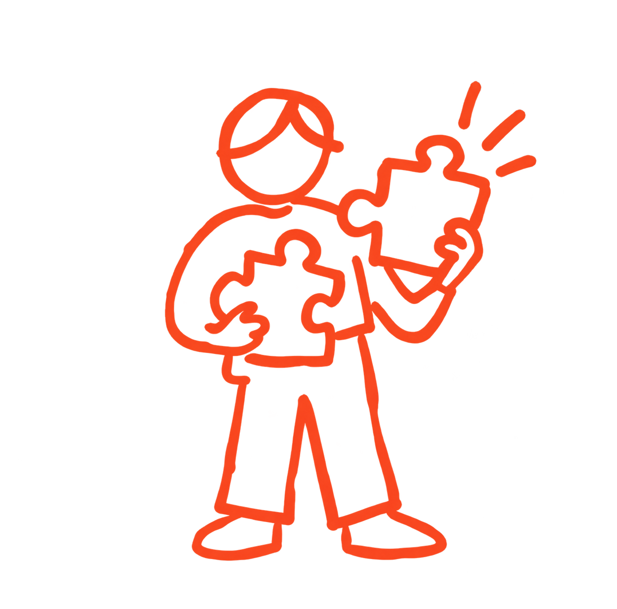 A neon outline of a person holding a puzzle piece in each hand, with one puzzle piece in the person's hand and the other held close to their chest.