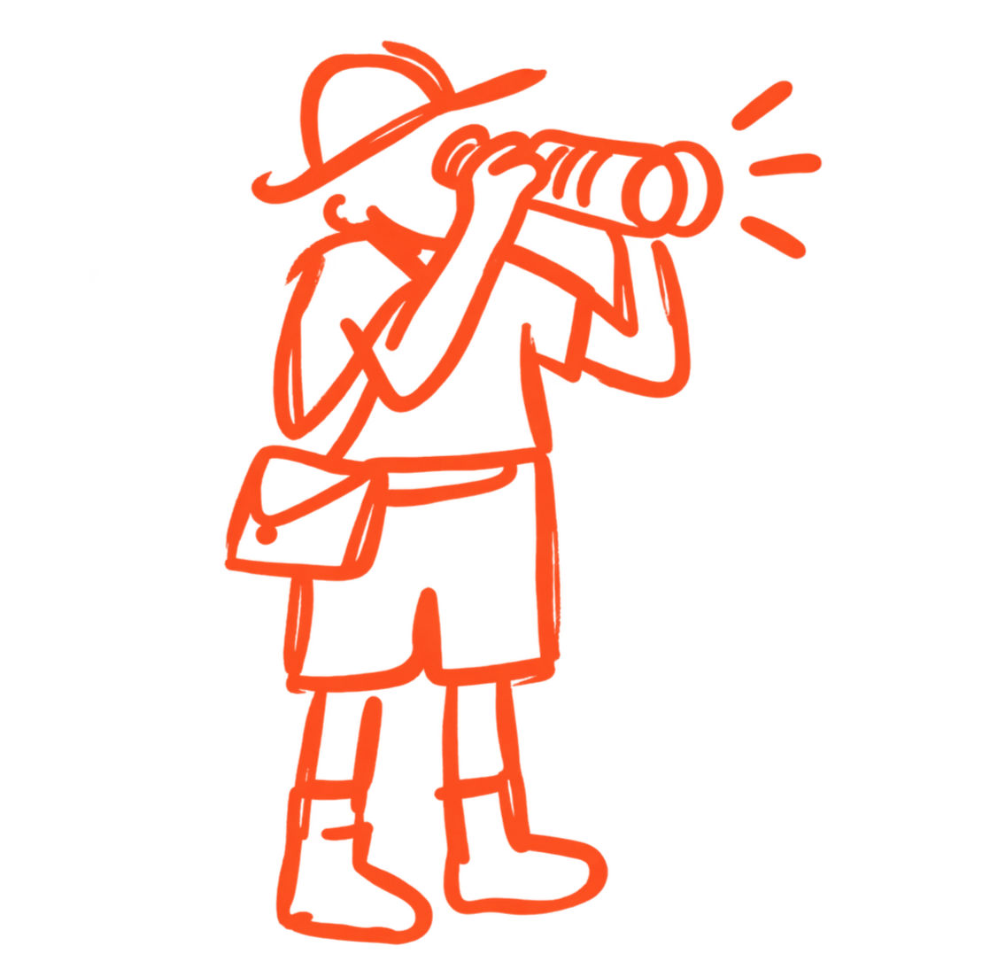 Line drawing of a woman with a camera, wearing a hat, shirt, skirt, and boots, taking a photo.