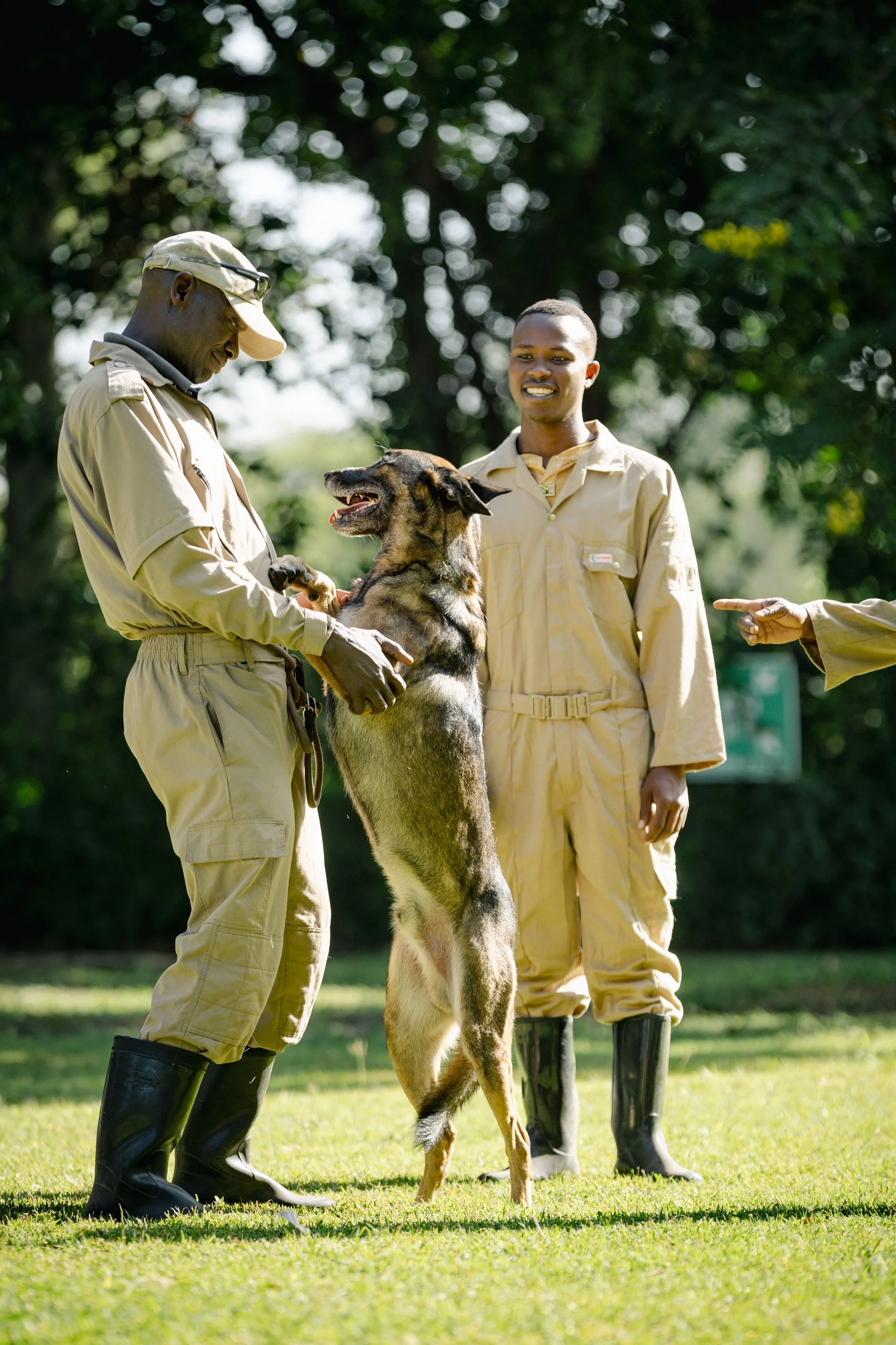Two men in beige uniforms and black rubber boots with a German shepherd dog in a park with green grass and trees. One man is holding the dog while the other stands nearby, smiling.