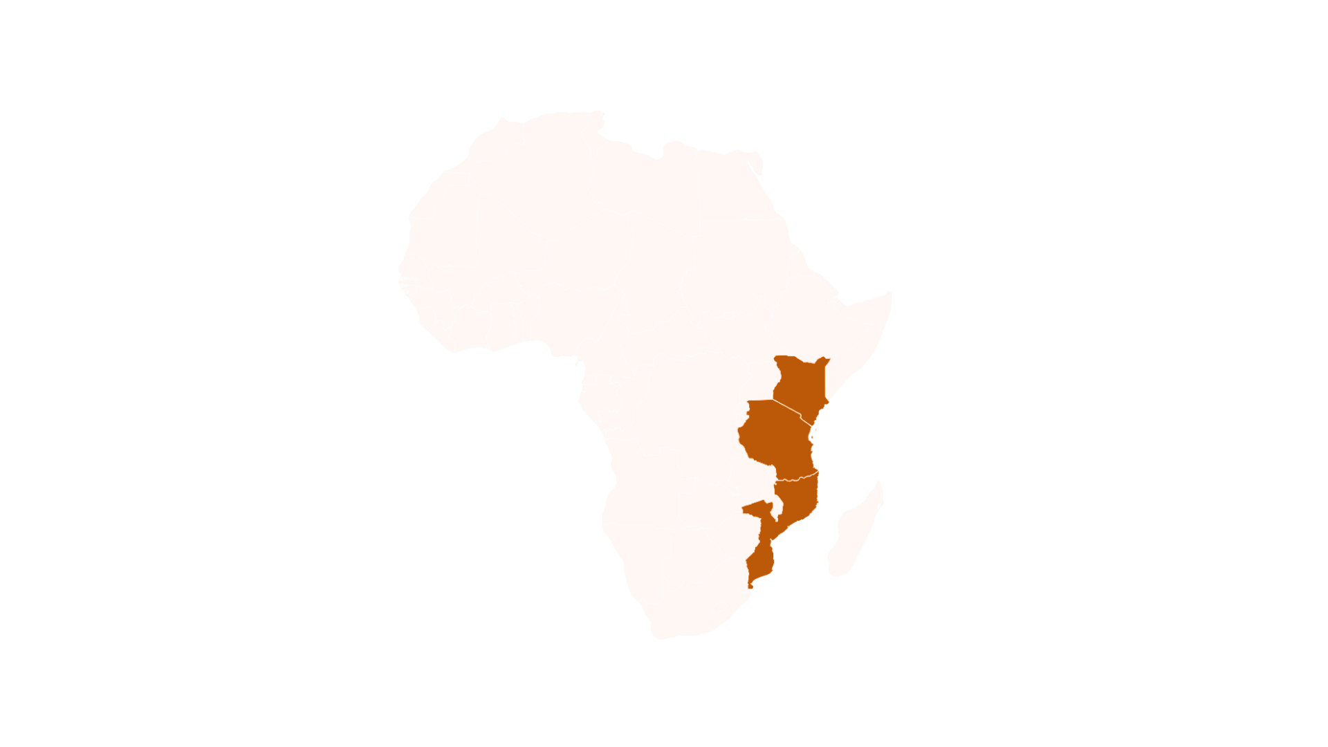 Map of Africa highlighting Ethiopia, Kenya, Tanzania, Uganda, Mozambique, and Madagascar in brown.