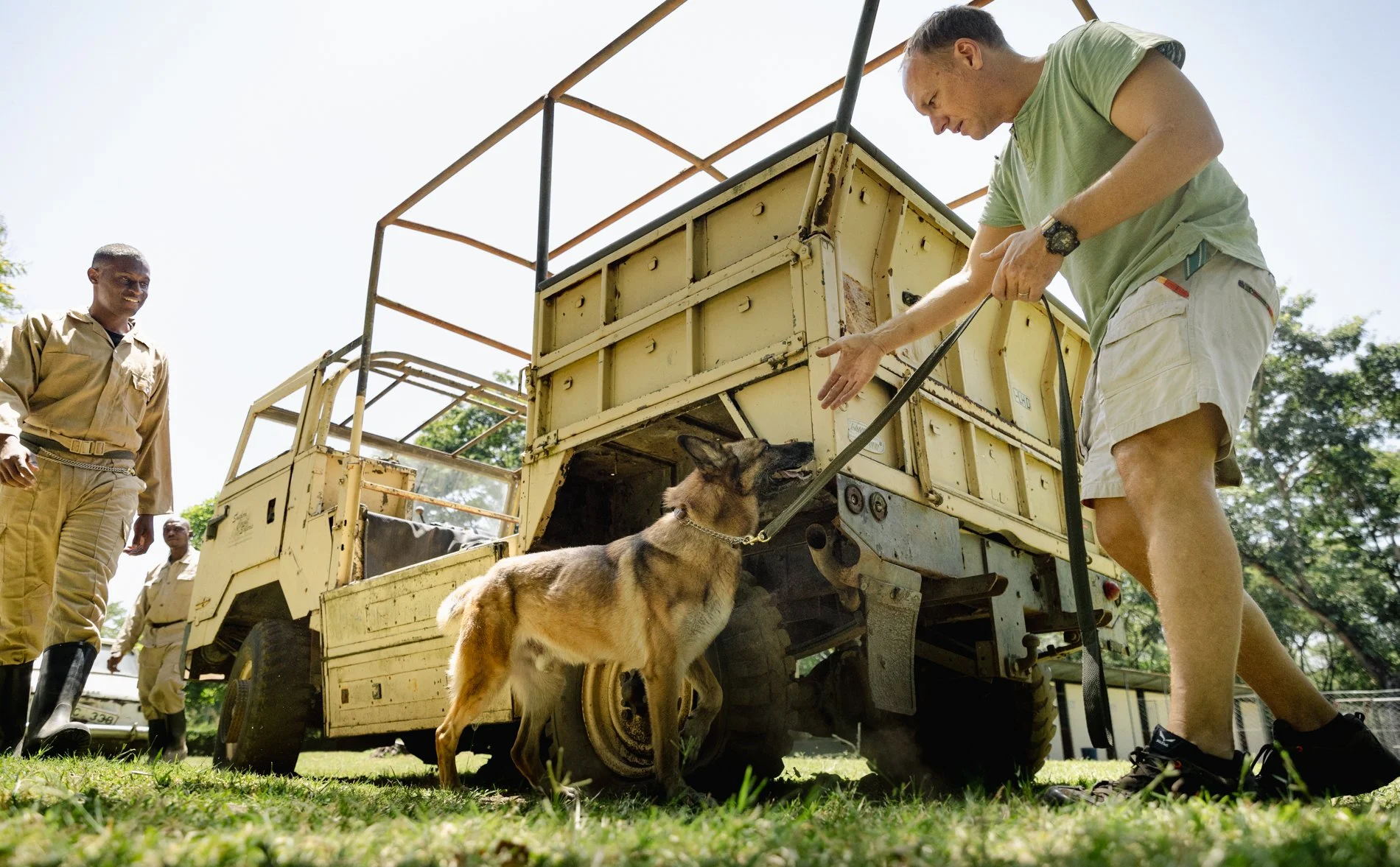 A group of people and a dog around a yellow veterinary truck outdoors, with one person holding the dog on a leash near the truck.