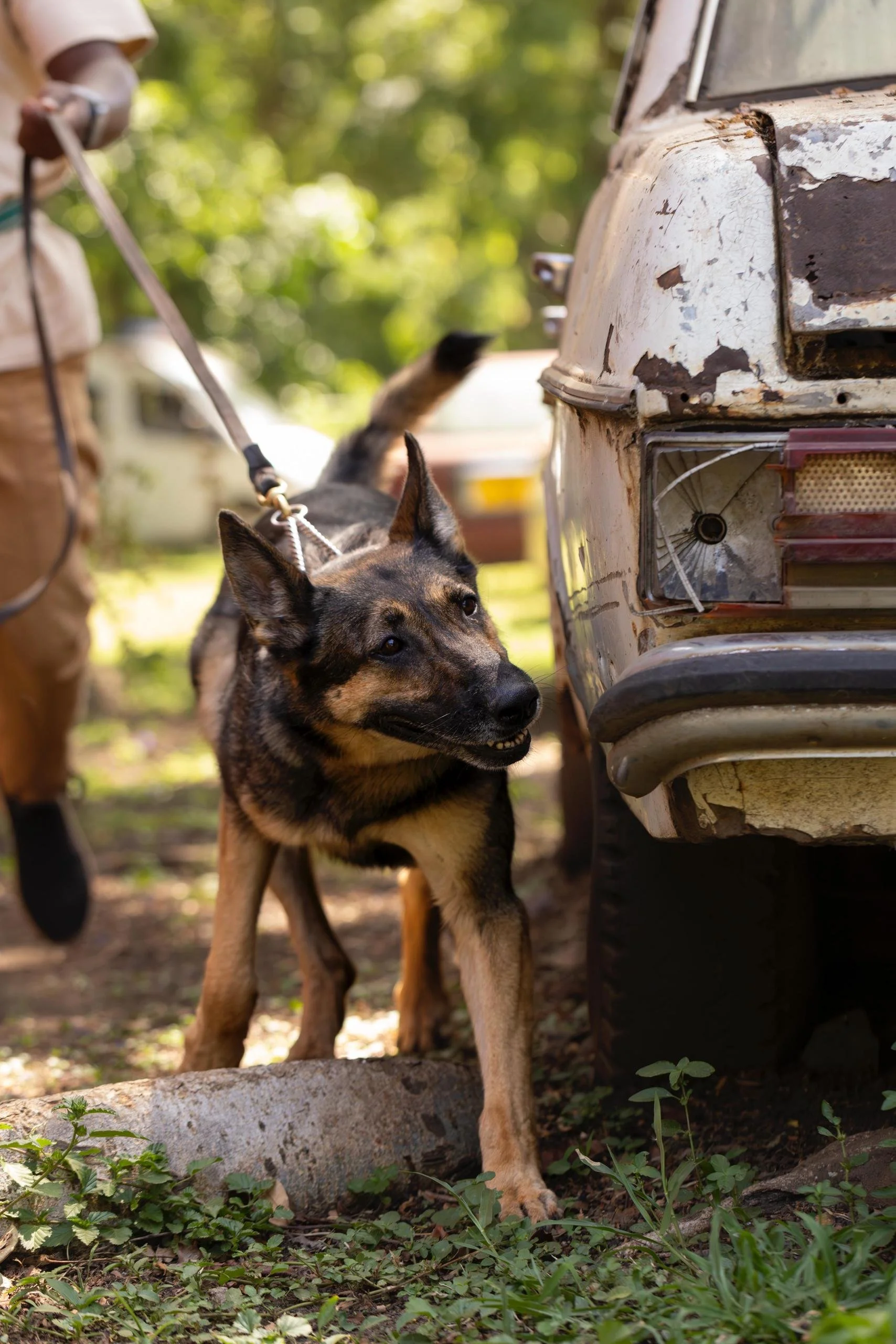 A dog with a black and tan coat standing near an old, rusty vehicle, looking underneath it. The dog is on a leash held by a person partially visible on the left side. The background shows green trees and sunlight filtering through the leaves.