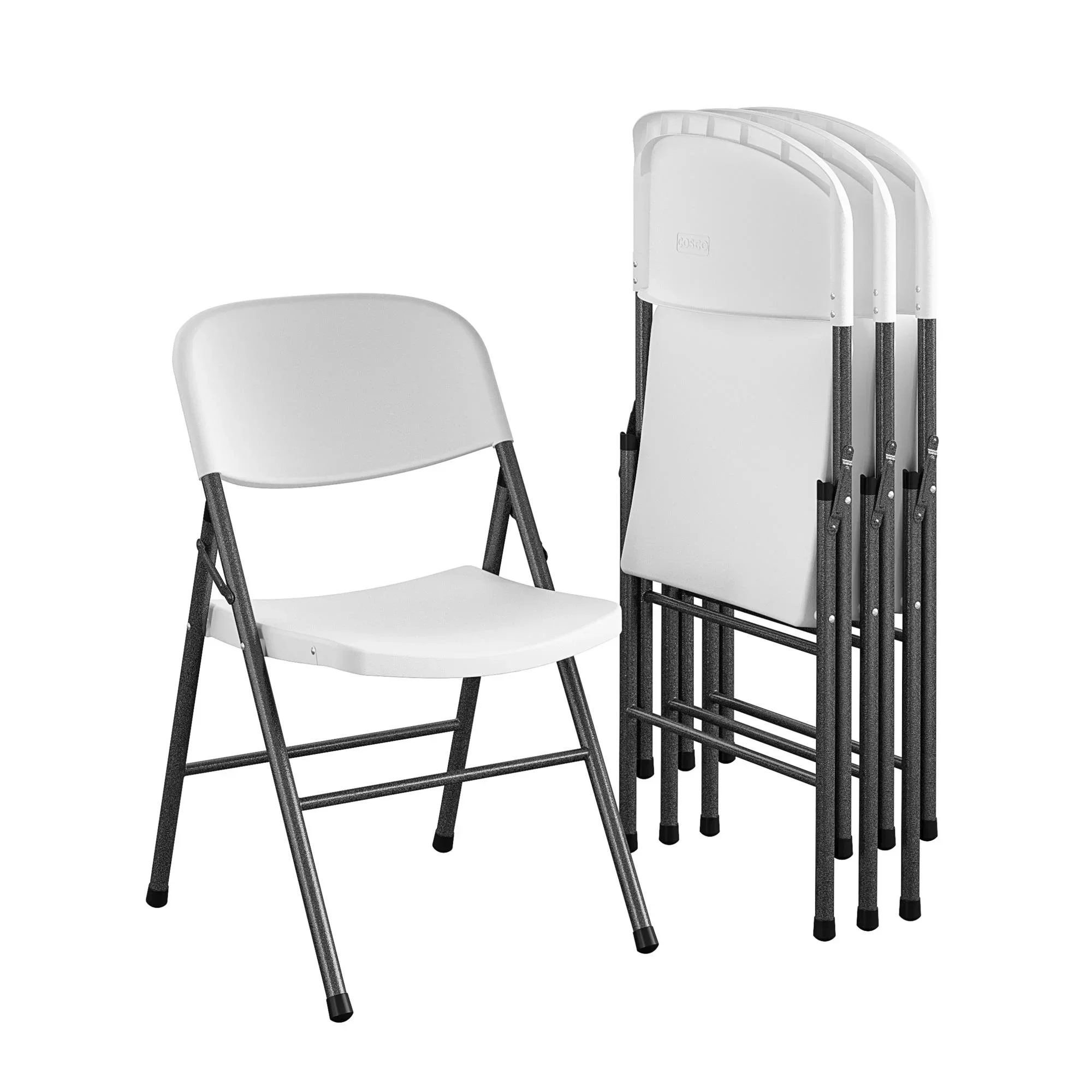 Stacked white plastic and black metal folding chairs