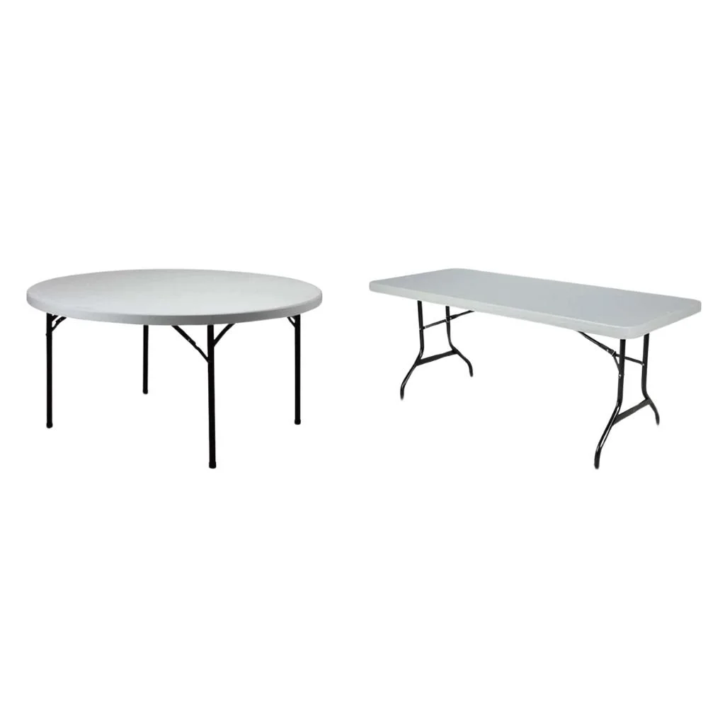 Two folding tables, one round and one rectangular, with white surfaces and black metal legs.