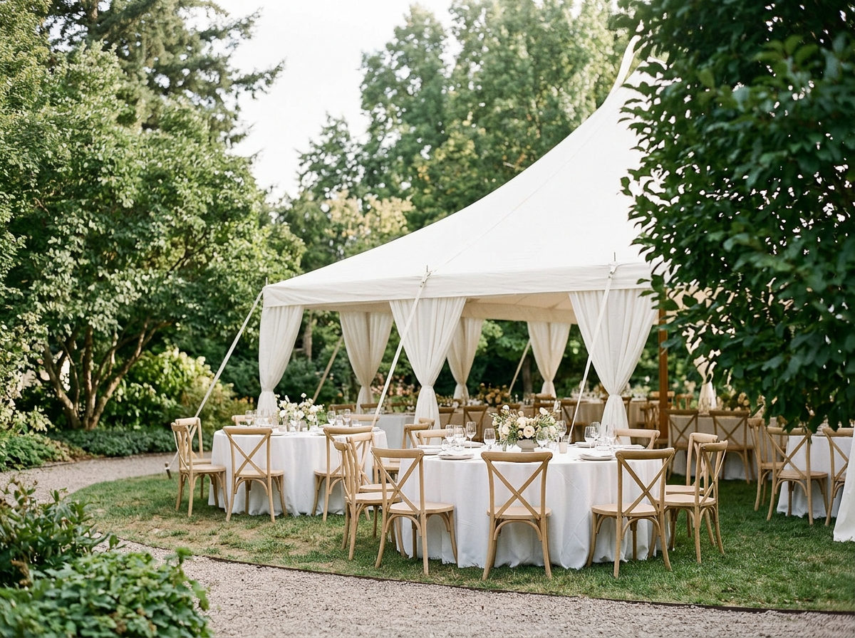 Outdoor wedding reception setup with round tables covered in white tablecloths, decorated with floral centerpieces, surrounded by wooden chairs, under a white tent with open sides, set in a lush garden with greenery and trees.