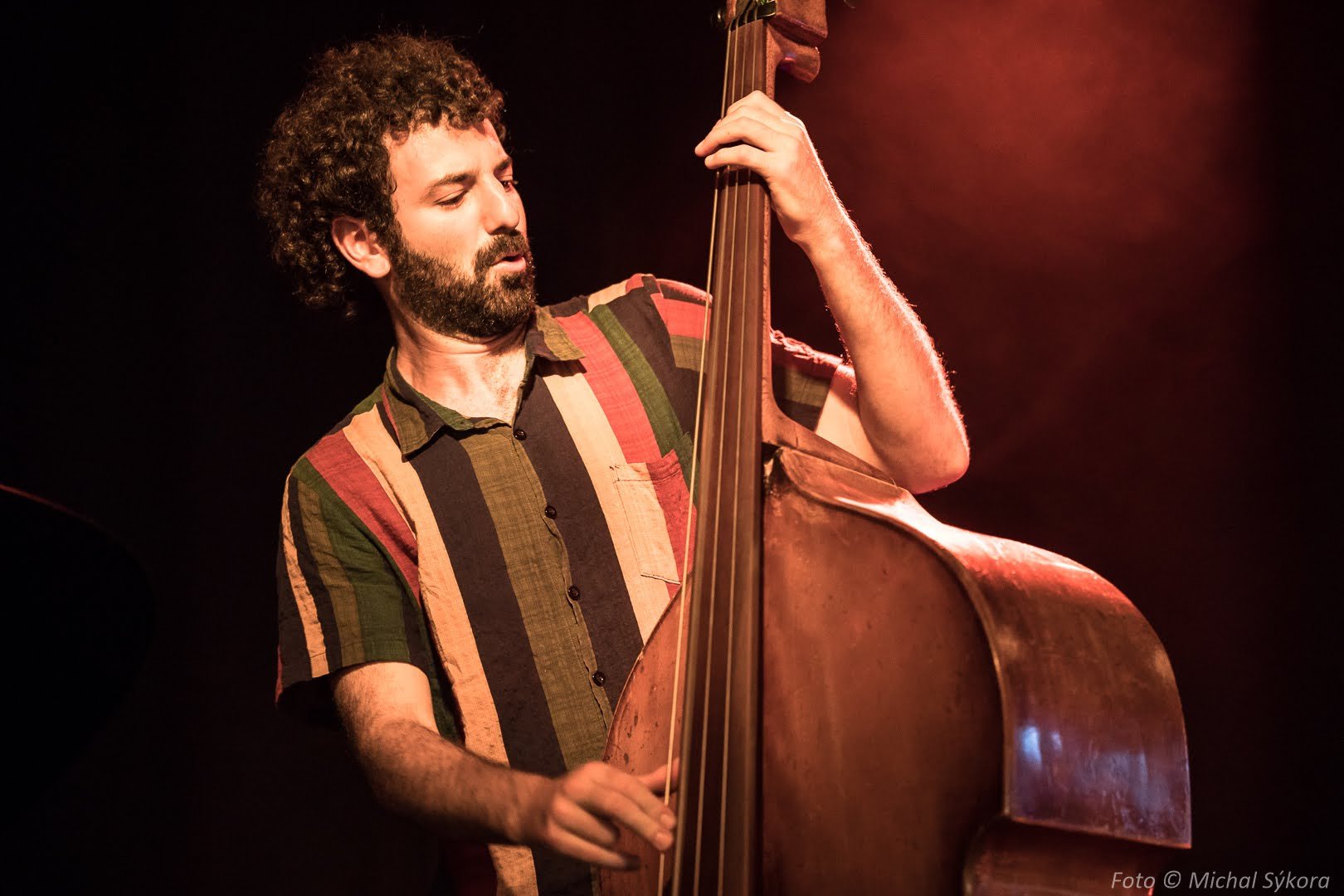 A man playing a double bass on stage, wearing a plaid shirt, with a dark background and stage lighting.