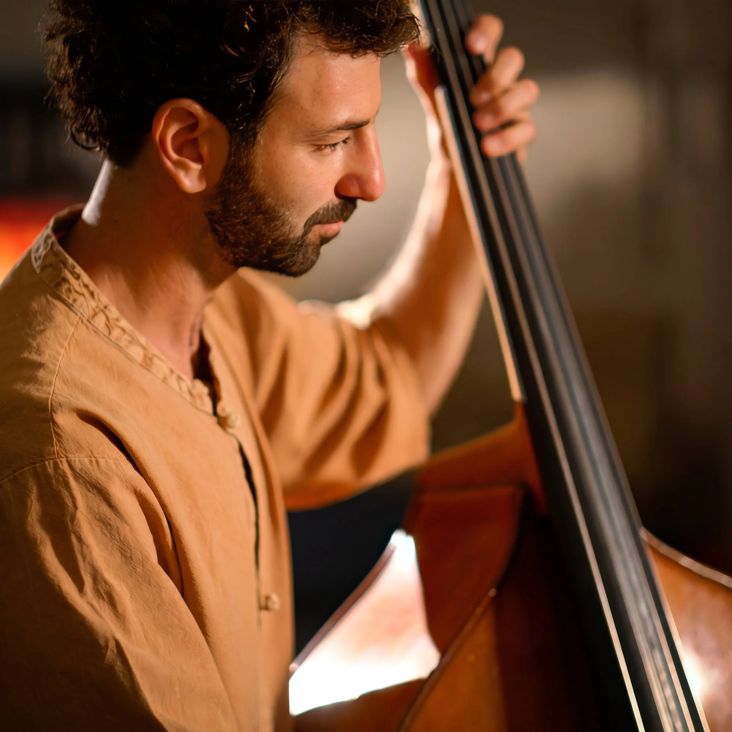 Close-up of a man with curly hair and a beard playing double bass.
