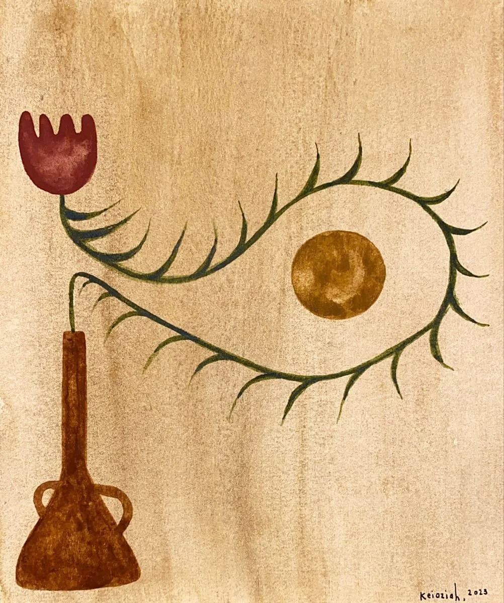 A surreal painting featuring a red tulip at the end of a curved green vine with thorns, a brown key hanging from the vine, a gold-colored full moon, and a brown oval shape resembling an eye on a beige textured background. The artist's signature and date are in the bottom right corner.
