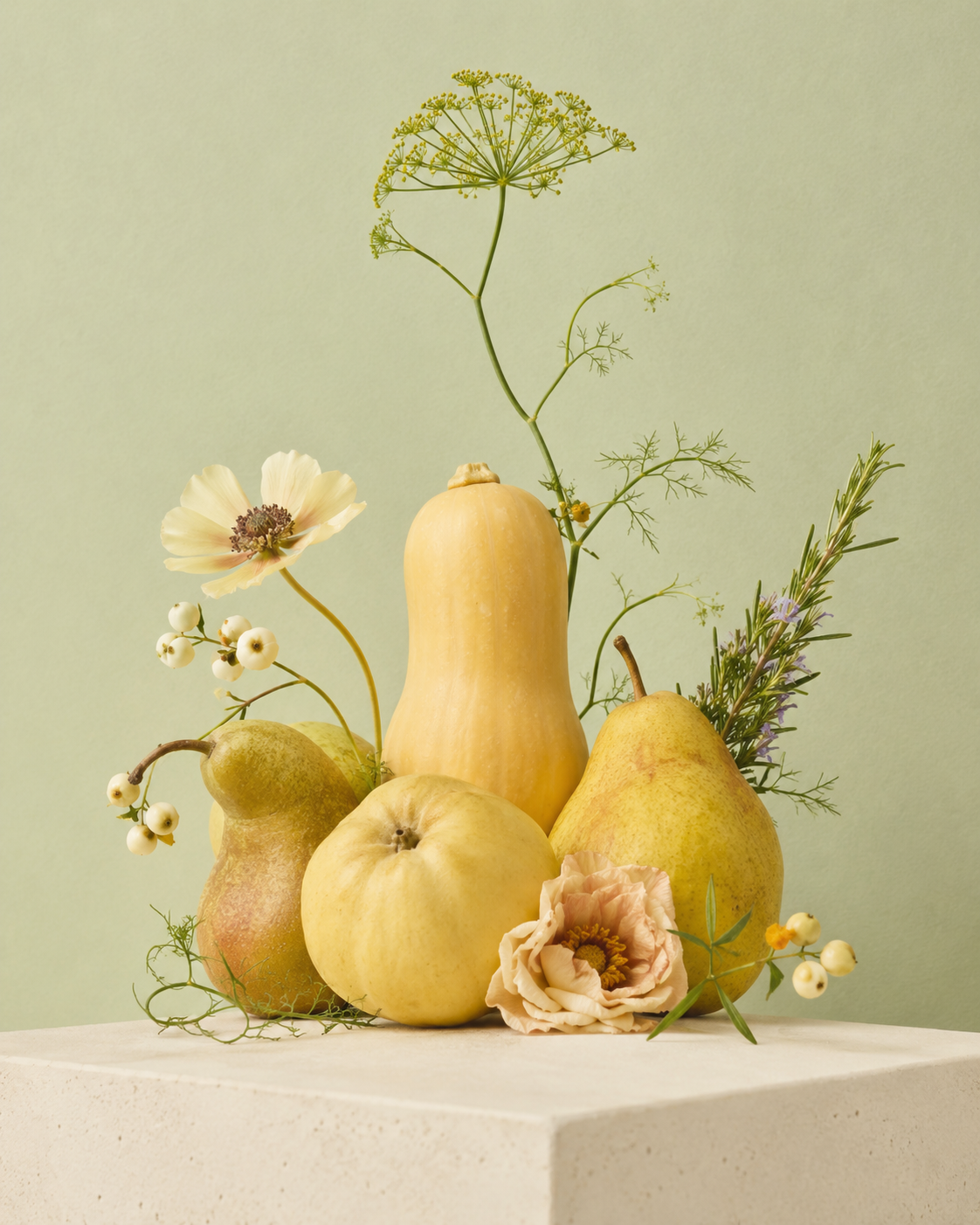 Still life composition of three pears, a yellow apple, a butternut squash, a pale pink flower, and sprigs of herbs and small white berries against a light green background.