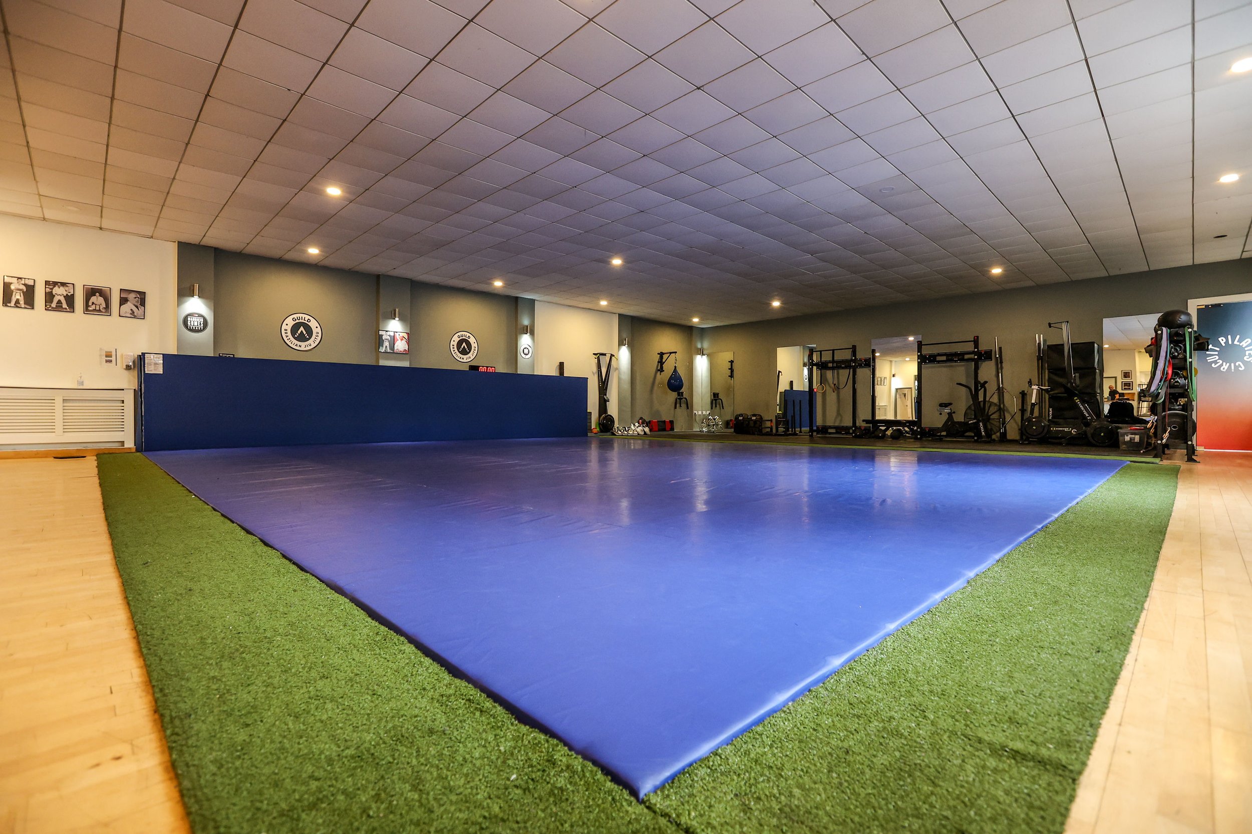 Interior of a jiu-jitsu academy with a padded blue tatami mat on the floor, green artificial turf on the edges, and equipment such as punching bags, weights, and exercise machinery along the walls, with framed pictures and logos on the wall.