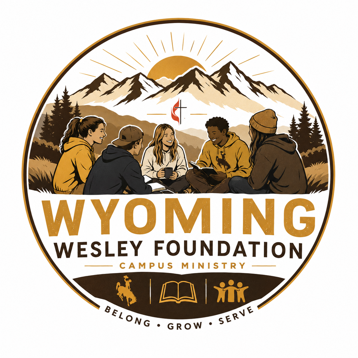 A logo for Wyoming Wesley Foundation Campus Ministry featuring five young people sitting outdoors in a mountain landscape, with a sun and pine trees, and symbols of a horse, a book, and three people holding hands, along with the words "Belong, Grow, Serve."