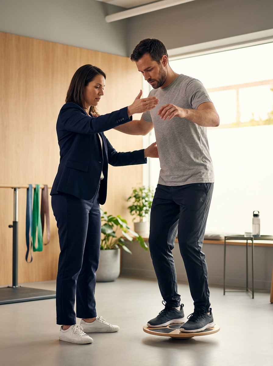 A woman in a navy suit assisting a man in a grey t-shirt on a balance board during a physical therapy session in a bright, modern room with wooden accents.